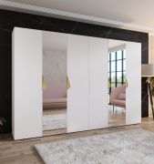 Armoire à portes battantes / Penderie / Couleur : Blanc / 2 portes à miroir / 4 compartiments / Poignées : Or / 4 tringles à vêtements / Dimensions : 300 x 52 x 202 cm / Chants ABS