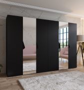 Armoire à portes battantes / penderie / Couleur : Noir / 2 portes à miroir / 4 compartiments / Poignées : Noir / 4 tringles à vêtements / Dimensions : 300 x 52 x 202 cm / Chants ABS