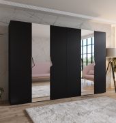 Armoire à portes battantes / Penderie / Couleur : Noir / 2 portes à miroir / 4 compartiments / Poignées : cachemire / 4 tringles à vêtements / Dimensions : 300 x 52 x 202 cm / Chants ABS