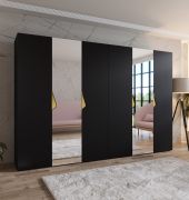 Armoire à portes battantes / Penderie / Couleur : Noir / 2 portes à miroir / 4 compartiments / Poignées : Or / 4 tringles à vêtements / Dimensions : 300 x 52 x 202 cm / Chants ABS