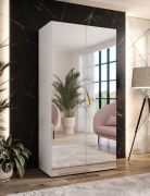 Armoire à portes battantes / Couleur : Blanc / 1 compartiment / Poignées : Or / Dimensions : 100 x 52 x 202 cm / 1 tringle à vêtements / Armoire de chambre à coucher avec miroir / Fonction Soft-Close