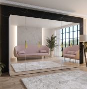 Armoire à portes battantes / Couleur : Blanc / 3 mètres de large / Poignées : Or / Armoire de chambre à coucher avec miroir / 4 tringles à vêtements / Soft-Close / Dimensions : 300 x 52 x 202 cm / 4 compartiments