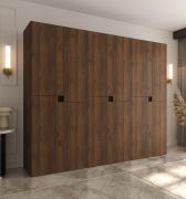 Armoire à portes battantes / Penderie / Couleur : Noyer Warmia / 12 portes battantes / 9 compartiments / 3 tringles à vêtements / 240 x 52 x 203 cm / Finition haut de gamme / Portes sans poignées / Système de fermeture Soft-Close