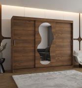 Armoire à portes coulissantes / Penderie à vêtements / Couleur : Noyer / 2,5 mètres de large / Deux tringles à vêtements / 10 compartiments / Rails en aluminium / Une porte miroir