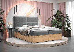 Lit 1 place design élégant Pilio 34 | Velours gris & chêne Golden Craft | Couchage 140 x 200 cm | Rangement intégré