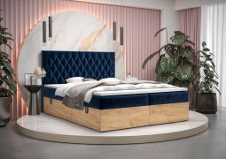 Lit boxspring design moderne Pilio 75 bleu & chêne Golden Craft | Couchage 180 x 200 cm | 2 espaces de rangement | Matelas Bonell H3 | Velours