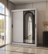 Armoire à portes coulissantes / Penderie à vêtements / Blanc mat / 5 compartiments / 2 tringles / 150 x 62 x 200 cm / Finition haut de gamme / Porte miroir