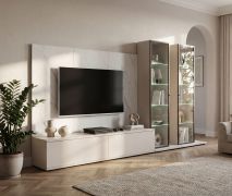 Meuble-paroi / Cachemire / Marbre blanc / Éclairage LED inclus / Fonction push-to-open / 300 x 45 x 175 cm / 2 vitrines / 1 meuble TV bas / 1 panneau mural