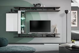 Meuble mural moderne Bjordal 31 | Espace optimisé | 11 compartiments | Chêne graphite / Blanc brillant | 130 x 230 x 35 cm