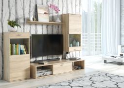 Meuble-paroi lumineux Bjordal 32, couleur : chêne Sonoma - dimensions : 140 x 180 x 38 cm (h x l x p), avec sept compartiments