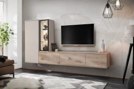 Meuble-paroi / Couleur : Chêne Vicking / Cachemire / Beaucoup d'espace de rangement / Éclairage LED inclus / Dimensions : 240 x 35 x 125 cm / Pour le salon / Fonctionnalité & confort