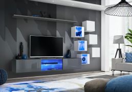 Meuble TV mural Volleberg 08 | Push-to-open | 140 x 260 x 40 cm | Gris/Blanc | 3 vitrines suspendues, 3 armoires murales