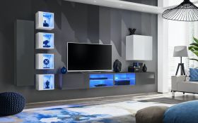Mur de salon design Volleberg 88 | Gris/Blanc | 150 x 280 x 40 cm | Éclairage LED bleu