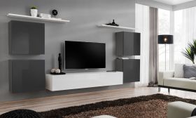 Meuble TV mural Balestrand 56 | Gris/Blanc | 150 x 320 x 40 cm | Push-to-open | Design moderne