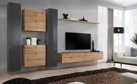 Mur de salon avec grand espace de rangement Balestrand 96, Couleur : Gris / Chêne wotan - dimensions : 180 x 330 x 40 cm (h x l x p), avec quatre portes