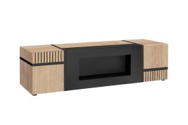 Meuble TV / Fonction Push-to-open / Couleur : Chêne Hickory Jackson / Noir / Cheminée au bioéthanol / Dimensions : 150 x 50 x 42 cm / 2 compartiments / Pour le salon