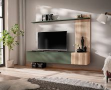 Meuble-paroi / Couleur : Chêne Hickory Jackson / Vert / Fonction push-to-open / 180 x 40 x 130 cm / 1 meuble bas TV / 1 tablette murale
