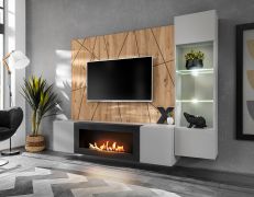 Meuble-paroi / éclairage LED inclus / Couleur : Gris Perla / Chêne Artisan / Cheminée au bioéthanol / Dimensions : 200 x 40 x 158 cm / 1 meuble TV bas / 1 vitrine
