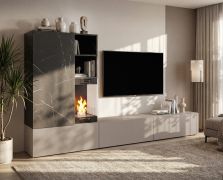 Meuble-paroi / Gris argile / Marbre Noir / incl. Cheminée au bioéthanol / Fonction push-to-open / 270 x 40 x 158 cm / Design moderne / Pour salon