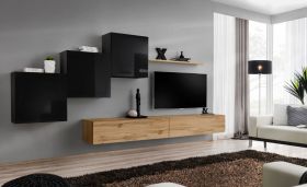 Meuble mural design Balestrand 158 | Noir & Chêne Wotan | 150 x 330 x 40 cm | Push-to-open
