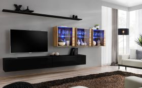 Meuble mural design Balestrand 270 | Noir & Chêne Wotan | 150 x 340 x 40 cm | 10 compartiments