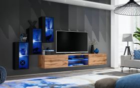 Meuble mural salon Volleberg 30 | LED bleue intégrée | 5 portes | Noir & chêne Wotan | 120 x 210 x 40 cm