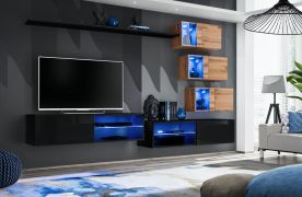 Ensemble mural salon Volleberg 62 | Noir & Chêne Wotan | 150 x 250 x 40 cm | 2 meubles TV