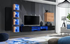 Mur de salon moderne Volleberg 94 | Noir & Chêne Wotan | 150 x 280 x 40 cm | Éclairage LED