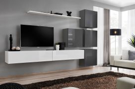 Meuble mural salon design Balestrand 135 | Blanc & Gris | 200 x 310 x 40 cm | 12 compartiments