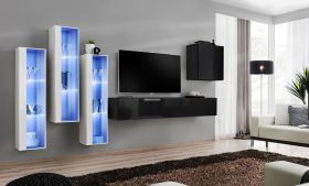 Mur de salon avec trois vitrines suspendues Balestrand 197, Couleur : Blanc / Noir - dimensions : 160 x 330 x 40 cm (h x l x p), avec grand espace de rangement
