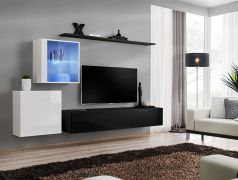 Meuble TV mural Balestrand 229 | Push-to-open | 7 compartiments | Blanc/Noir | 150 x 250 x 40 cm