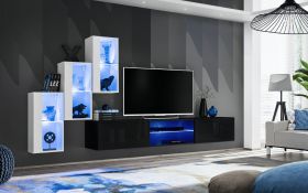 Meuble TV mural élégant Push-to-open Volleberg 21 | Blanc/Noir | 120 x 210 x 40 cm | 5 portes