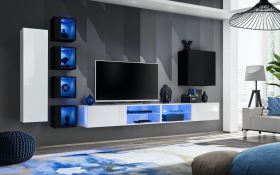 Meuble mural salon 8 portes Volleberg 85 | Blanc/Noir | 150 x 280 x 40 cm | LED bleue intégrée