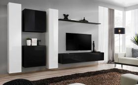 Meuble mural Balestrand 85 | Design moderne blanc/noir | 180 x 330 x 40 cm | 4 portes