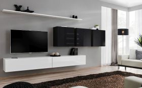 Meuble TV mural Balestrand 101 | Design épuré blanc/noir | 150 x 340 x 40 cm | 8 compartiments