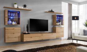 Mur de salon moderne Balestrand 212, Couleur : Chêne wotan - dimensions : 160 x 320 x 40 cm (h x l x p), avec éclairage LED