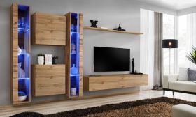 Meuble mural design épuré Balestrand 244 | Espace optimisé | Chêne Wotan | 180 x 330 x 40 cm | 15 compartiments