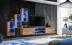 Mur TV moderne Volleberg 20 | LED bleue intégrée | Chêne Wotan | 120 x 210 x 40 cm | 3 vitrines suspendues