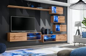 Meuble mural Volleberg 52 | Chêne Wotan | 150 x 250 x 40 cm | Push-to-open | LED bleue