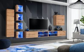 Meuble mural salon Volleberg 84 | Décor bois chêne Wotan | 150 x 280 x 40 cm | Push-to-open