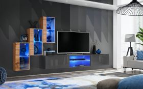 Meuble TV mural Volleberg 31 | Push-to-open | Espace de rangement | Chêne Wotan / Gris | 120 x 210 x 40 cm