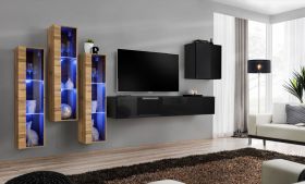 Mur de salon au design élégant Balestrand 205, Couleur : Chêne wotan / Noir - dimensions : 160 x 330 x 40 cm (h x l x p), avec grand espace de rangement