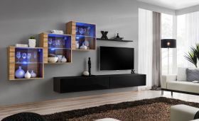 Meuble mural salon LED Balestrand 317 | Espace optimisé | Finition chêne Wotan & noir | 150 x 330 x 40 cm