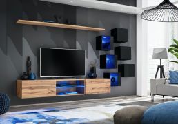 Meuble mural design Volleberg 13 | Chêne Wotan/Noir | 140 x 260 x 40 cm | LED bleue