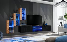 Meuble mural design Volleberg 29 | Espace optimisé | Éclairage LED bleu | Chêne Wotan / Noir | 120 x 210 x 40 cm