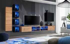 Meuble mural Volleberg 93 | Espace optimisé | Chêne Wotan/Noir | 150 x 280 x 40 cm | Rangement généreux
