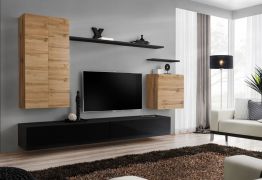 Mur TV Balestrand 29 | Chêne Wotan & Noir | 160 x 270 x 40 cm | Push-to-Open | Design moderne