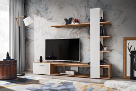 Meuble mural moderne Kinn 01 | Chêne Wotan & Blanc brillant | 152 x 190 x 35 cm | Grand espace de rangement