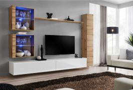 Mur de salon avec éclairage LED Balestrand 283, Couleur : Chêne Wotan / Blanc - Dimensions : 180 x 280 x 40 cm (H x L x P), avec grand espace de rangement
