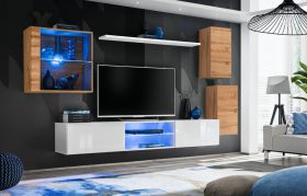 Meuble mural moderne Volleberg 43 | Espace de rangement généreux | 140 x 250 x 40 cm | Finition chêne Wotan / blanc